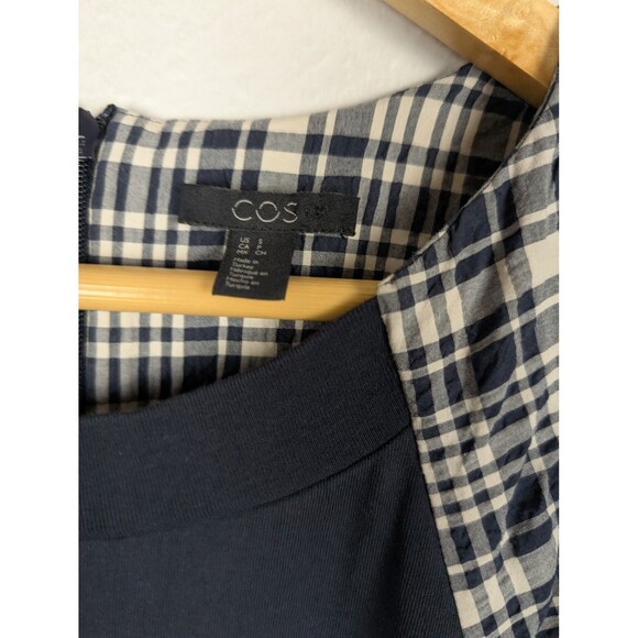 COS Dress Womens Medium Navy Blue Plaid Puff Sleeve Midi - Picture 4 of 12